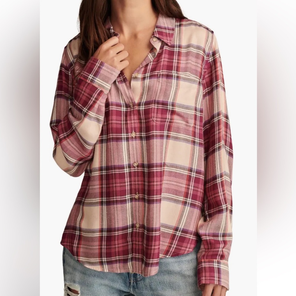 Lucky Brand Cloud plaid flannel button up shirt in magenta